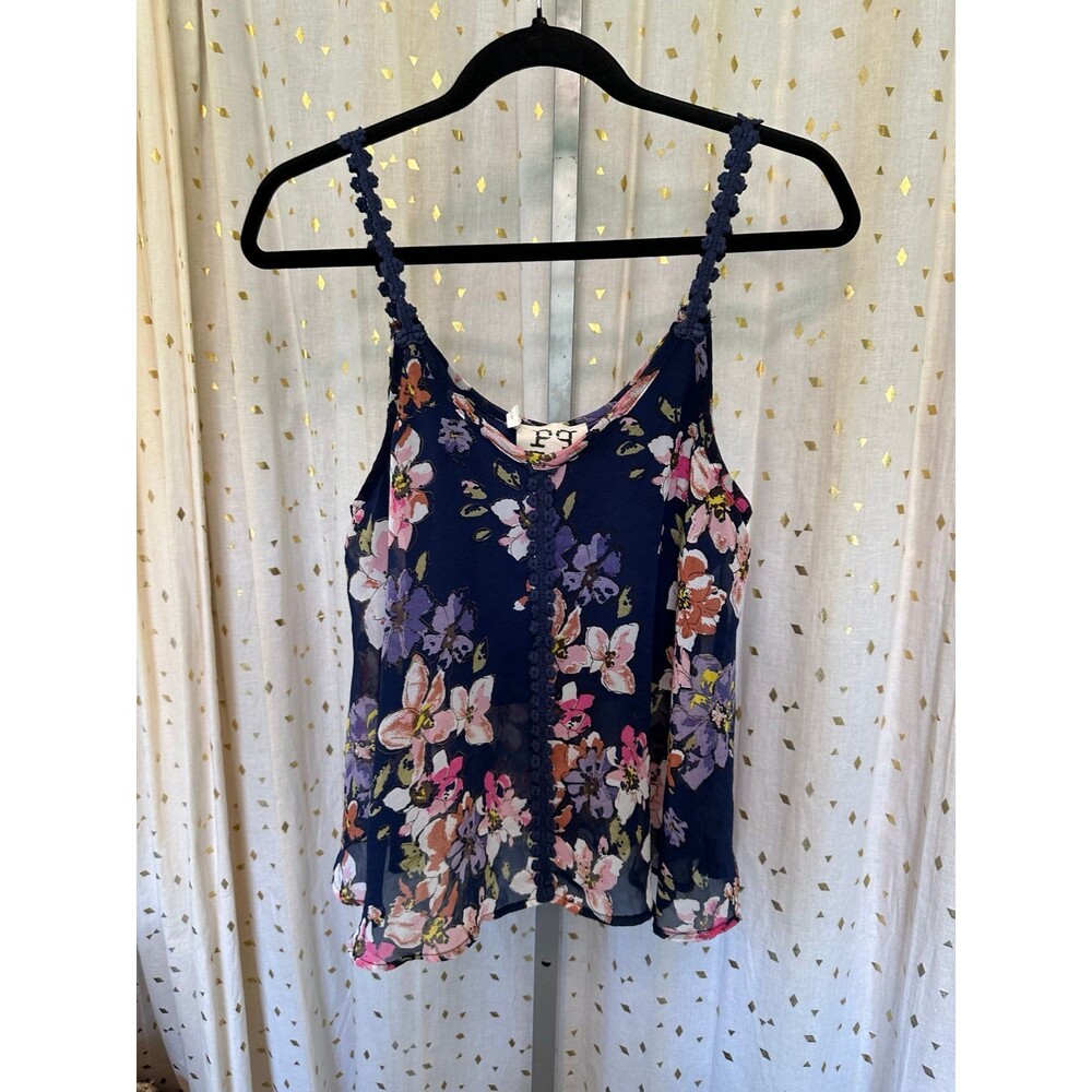 PPLA Clothing Women's Sheer Floral Crochet Lace Straps Swing Cami Blouse S